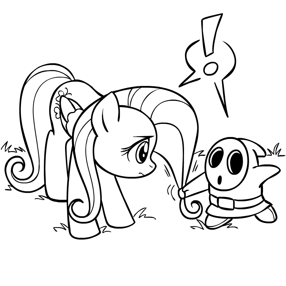 black_and_white check_source crossover equine female feral fluttershy_(mlp) friendship_is_magic line_art mammal mario_bros megasweet monochrome my_little_pony nintendo pegasus plain_background pulling_hair shy_guy shyguy video_games white_background wings worried yanking