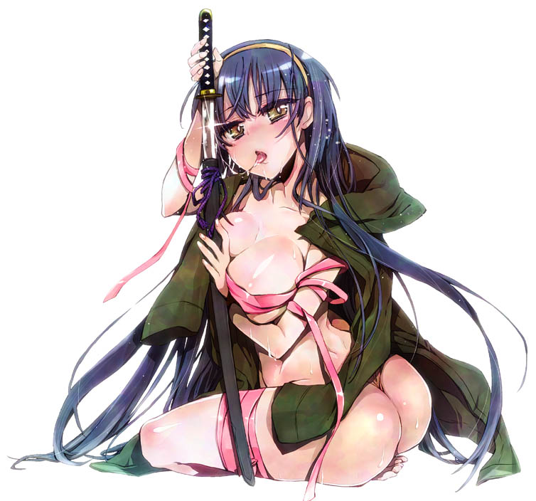 bangs barefoot blue_hair blush breasts eyebrows_visible_through_hair full_body hairband holding holding_weapon itokoi_chidori jacket jacket_on_shoulders james_hotate katana kneeling large_breasts licking long_hair looking_at_viewer naked_ribbon no_bra official_art open_clothes open_jacket pink_ribbon ribbon sheath sidelocks simple_background sitting solo sweat sword twisted_torso unsheathing very_long_hair weapon white_background