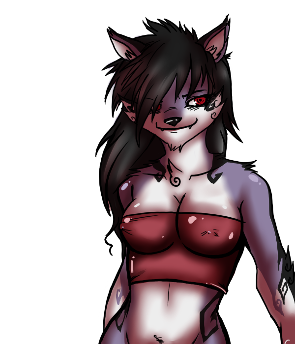 black_hair breasts canine female hair long_hair red_eyes solo unknown_artist wolf