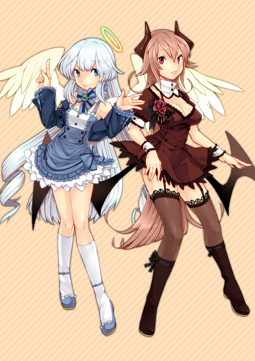 angel_and_devil blue_eyes blue_hair breasts cleavage demon_wings dress frills garter_straps halo horns long_hair medium_breasts multiple_girls original pink_hair red_eyes small_breasts smile thighhighs toudou_charo wings