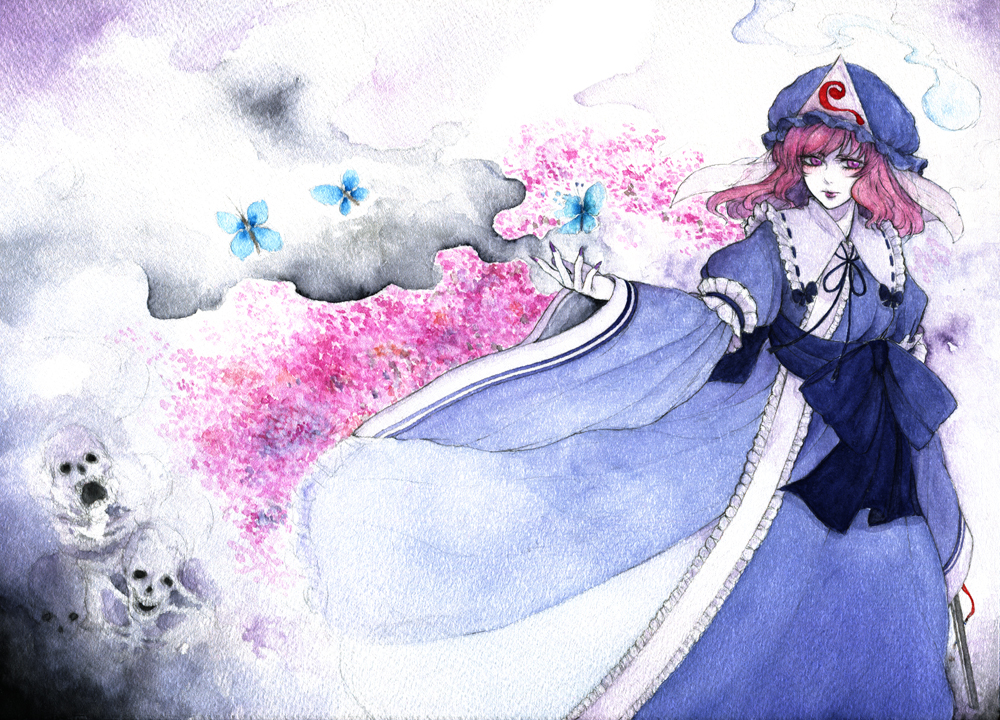 bad_id bad_pixiv_id bow bug butterfly corpse fan fingernails flower folding_fan ghost hat insect japanese_clothes lewis long_fingernails long_hair pink_hair purple_eyes saigyouji_yuyuko solo touhou traditional_media watercolor_pencil_(medium)