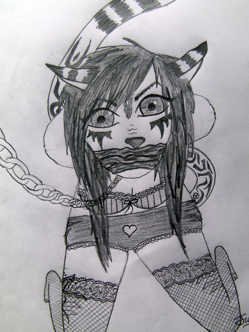 &hearts; angry black_and_white bra chain character domination fish_net gagged hair juzki kinky kneeling lace leash long_hair monochrome pov stockings submissive tail tattoo tribal underwear