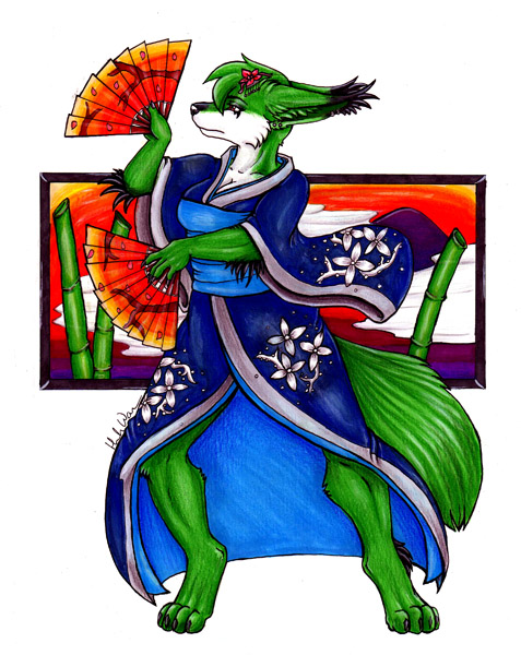 canine fan_dancing female fox fursona japanese_clothing kimono raiyue solo
