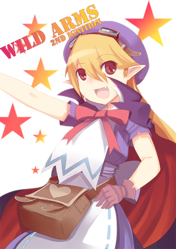 bag belt blonde_hair blue_hat bow brown_eyes cape copyright_name dress fang goggles goggles_on_head hand_on_hip happy hat heart johnny_funamushi long_hair marivel_armitage open_mouth pointy_ears ribbon simple_background solo star wild_arms wild_arms_2