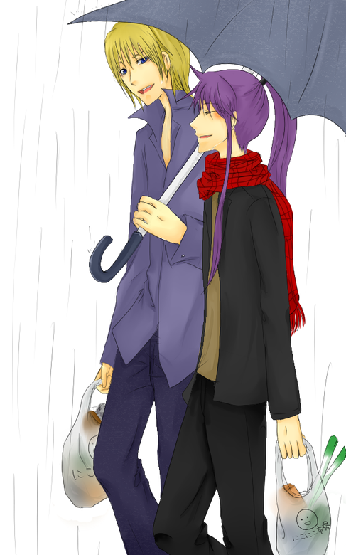 2boys kamui_gakupo leek leon_(vocaloid) long_hair multiple_boys rain scarf spring_onion umbrella vocaloid