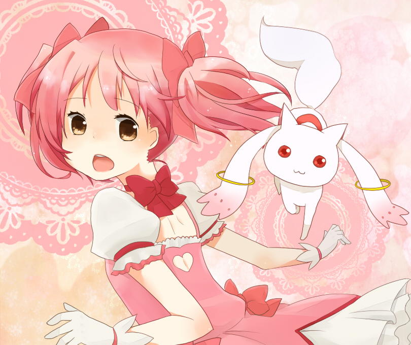 :3 bad_id bad_pixiv_id brown_eyes from_behind gloves kaname_madoka kanna_(grapejery) kyubey looking_back magical_girl mahou_shoujo_madoka_magica open_mouth pink_hair red_eyes short_hair twintails upper_body white_gloves