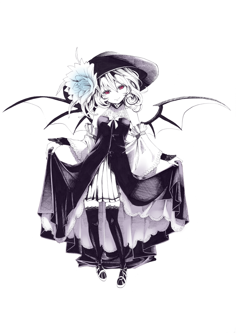alternate_costume bare_shoulders bat_wings commentary curtsey detached_sleeves dress flower full_body hat i-la lace lace-trimmed_thighhighs millipen_(medium) monochrome nib_pen_(medium) red_eyes remilia_scarlet short_hair smile solo spot_color thighhighs touhou traditional_media transparent_background wings