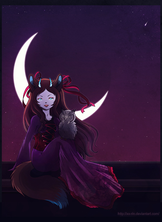 corset feline female green_eyes horns long_dress moon owl purple_dress rooftop scarlet_ribbon stars vampirexpenguin