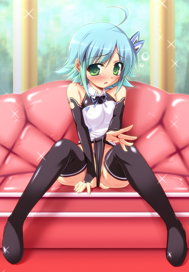 ahoge bare_shoulders black_panties blue_hair blush breasts bridal_gauntlets couch covered_nipples dream_c_club dream_c_club_(series) elbow_gloves gloves green_eyes multicolored_hair nonono_(dream_c_club) panties panty_pull short_hair sitting small_breasts solo sparkle tachibana_surimu thighhighs underwear