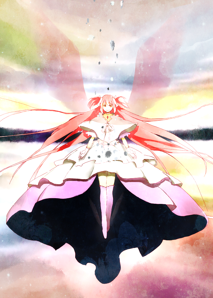 alternate_costume bad_id bad_pixiv_id boots bow dress gloves hair_bow kaname_madoka long_hair magical_girl mahou_shoujo_madoka_magica pink_footwear pink_hair solo spoilers thighhighs two_side_up ultimate_madoka very_long_hair wings xxxceller