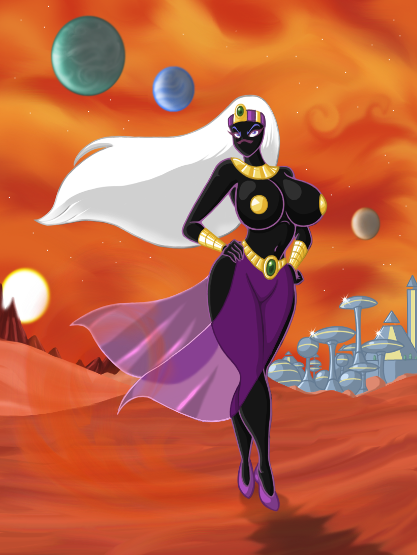 background big_breasts big_thighs breasts city detailed_background duck_dodgers female headband jewelry looking_at_viewer lordstevie martian night pasties planets queen_tyr'ahnee queen_tyr'ahnee shitpicture solo space stars thick_thighs unconvincing_armor unconvincing_armour