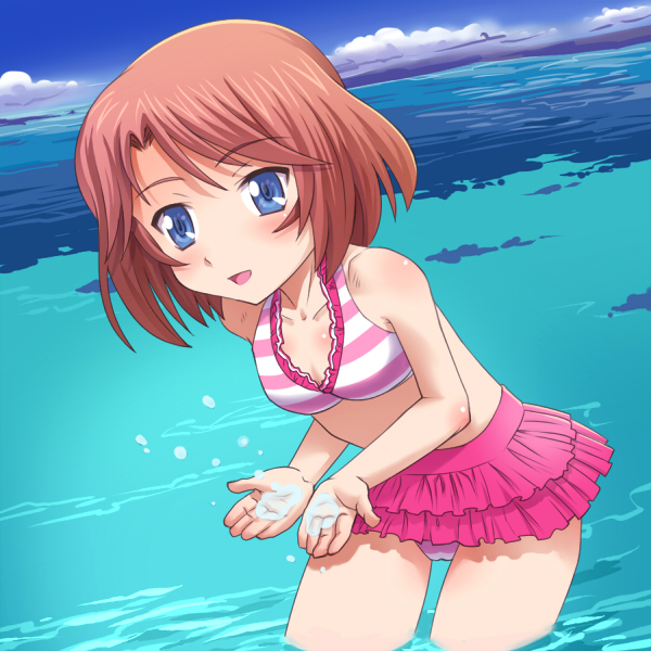 :d bangs bikini bikini_skirt blue_eyes blush body_blush breasts brown_hair cardfight!!_vanguard cloud cowboy_shot cupping_hands day frilled_bikini frills from_side layered_skirt leaning_forward looking_at_viewer meow_(nekodenki) ocean open_mouth outdoors sendou_emi short_hair skirt sky small_breasts smile solo striped striped_bikini swimsuit wading water