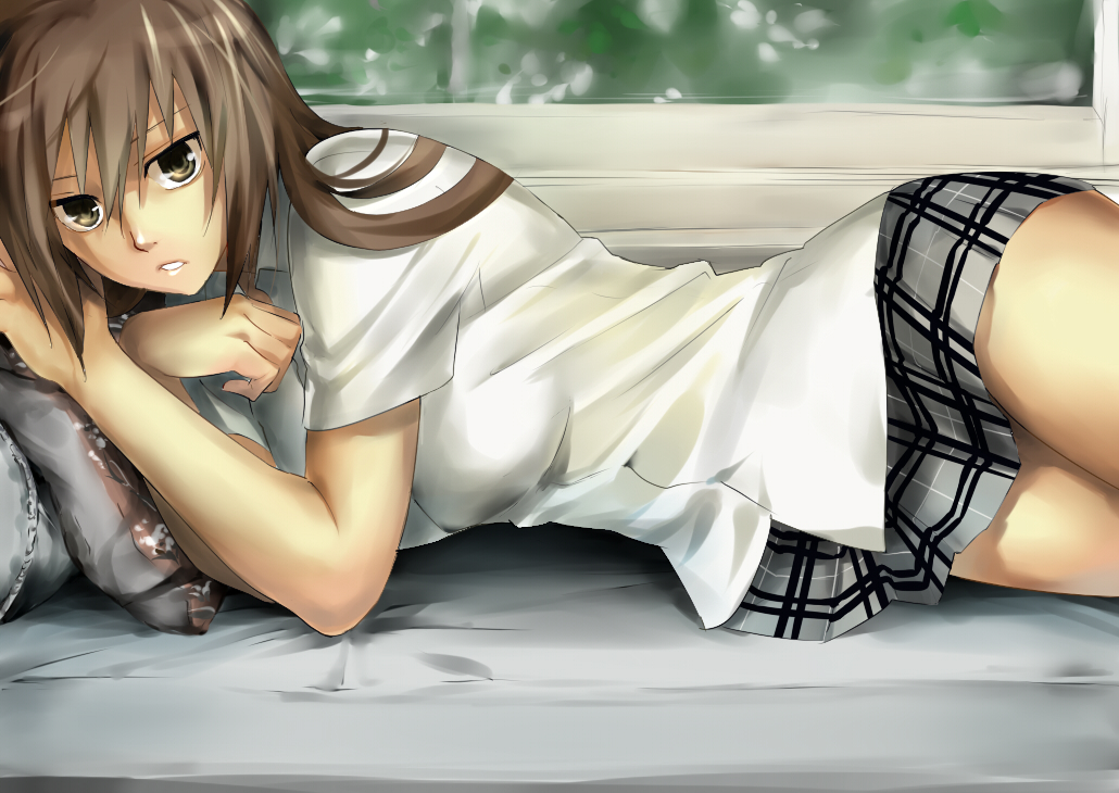 bad_id bad_pixiv_id bed brown_eyes brown_hair copyright_request legs long_hair lying pillow shiromi_(ringo) skirt solo