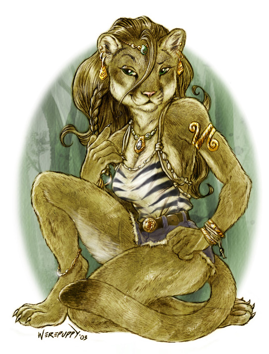 cougar cutoff_shorts deathpuppy feline female green_eyes jewelry kneeling solo werepuppy