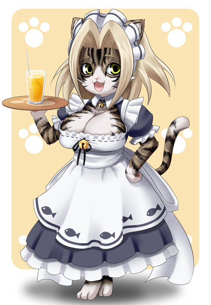 breasts cat feline female huge_breasts maid maid_uniform orange_juice solo yaise