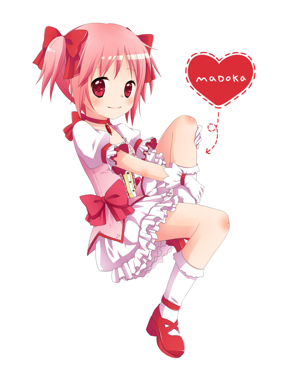 bad_id bad_pixiv_id blush bow bubble_skirt character_name choker dress full_body gloves hair_bow heart kaname_madoka kuune_rin leg_hug magical_girl mahou_shoujo_madoka_magica pink_hair puffy_sleeves red_choker red_eyes shoes short_hair short_twintails skirt smile solo twintails white_background younger