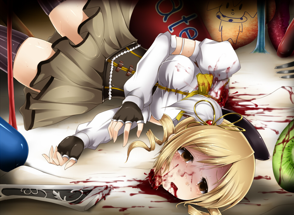 blonde_hair blood blood_on_face blood_splatter blood_stain breasts decapitation drill_hair empty_eyes fingerless_gloves gloves guro hat long_hair magical_girl mahou_shoujo_madoka_magica mami_mogu_mogu medium_breasts open_mouth severed_head shimo_(depthbomb) skirt solo spoilers thighhighs tomoe_mami twintails yellow_eyes