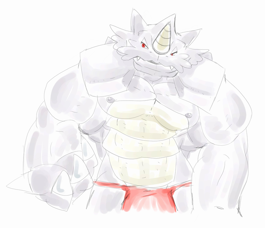 bulge claws danandnite fangs horns male muscles pok&eacute;mon red_eyes rhydon skimpy solo standing thong
