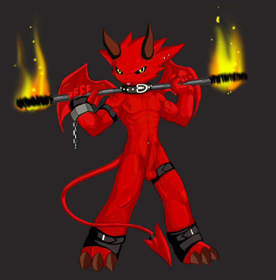 claws collar demon fire horns magic male piercing pointy_ears scalie sheer solo wings