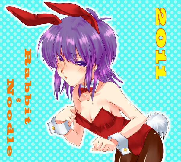 1girl animal_ears blush bunny_ears bunny_girl food gorillaz looking_at_viewer noodle noodle_(gorillaz) noodles pantyhose purple_hair ribbon small_breasts solo translation_request