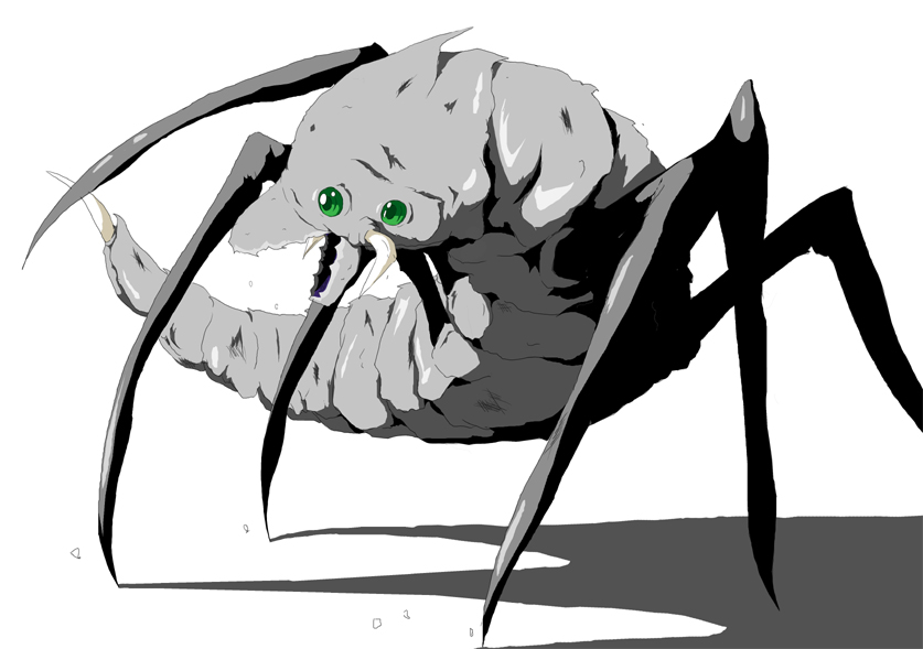 green_eyes grey_skin insect monochrome monster no_humans shadow shi_yusu simple_background solo spot_color white_background