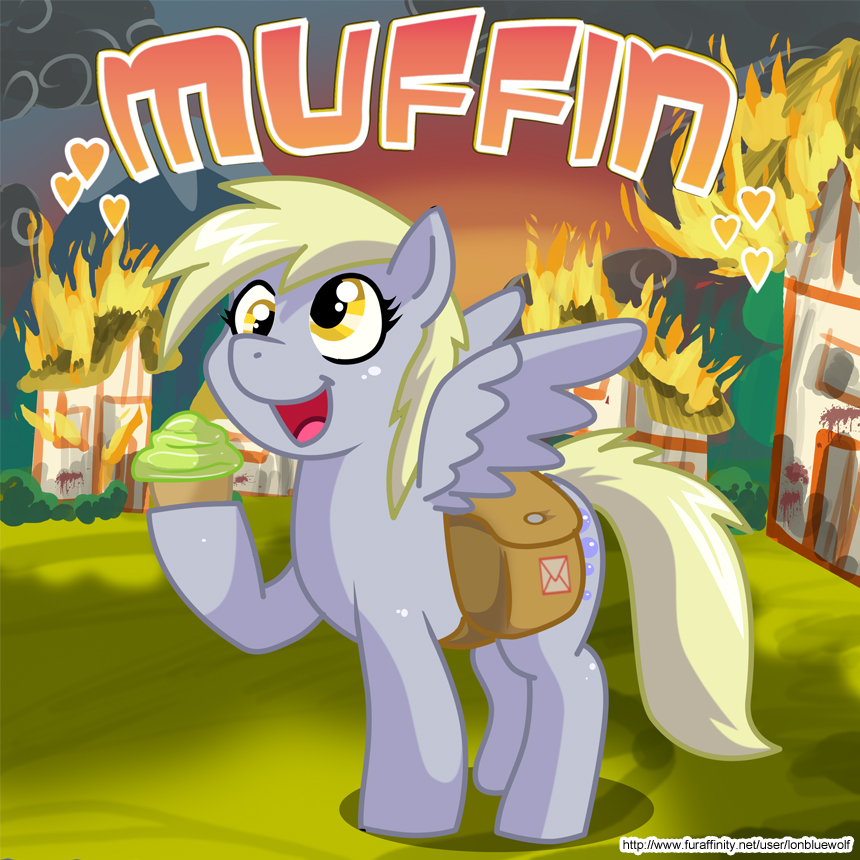 &lt;3 cross-eyed cutie_mark derpy_hooves_(mlp) english_text equine female feral fire food friendship_is_magic hearts horse lonbluewolf mammal muffin my_little_pony pegasus solo text wings