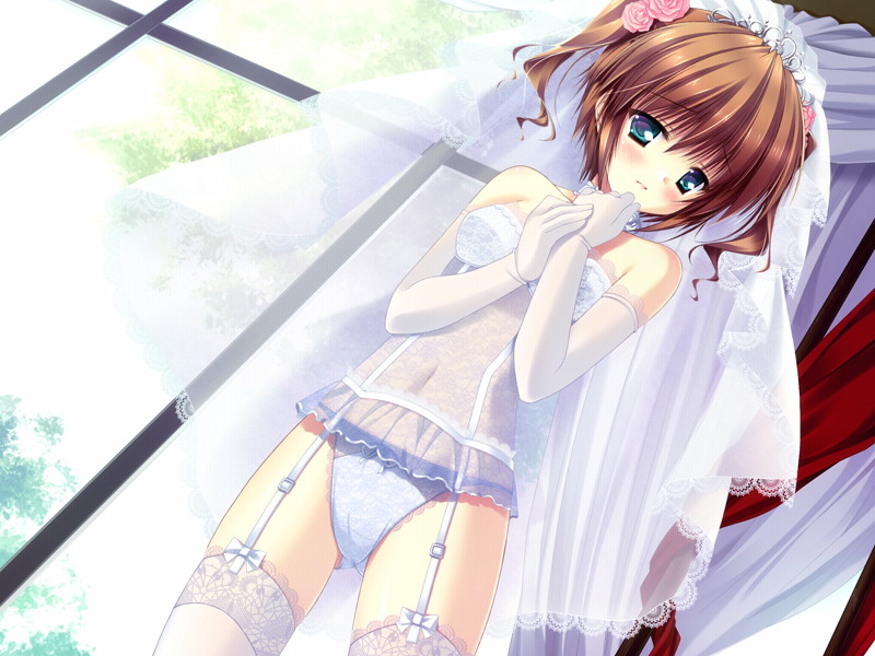 bare_shoulders blush bow bow_panties bra bridal_veil bride brown_hair chemise choker circus_(studio) curtains day dress dutch_angle elbow_gloves embarrassed flower game_cg garter_straps gloves green_eyes hair_flower hair_ornament hair_tie hakuouin_ayaka hand_on_own_chin indoors lace lace-trimmed_panties lace-trimmed_thighhighs lingerie no_pants panties pink_flower pink_rose princess_party ribbon rose see-through short_hair short_twintails sleeveless solo takano_yuki_(allegro_mistic) thighhighs tiara twintails underwear veil wavy_hair wedding wedding_dress white_bra white_flower white_gloves white_legwear white_panties white_rose window