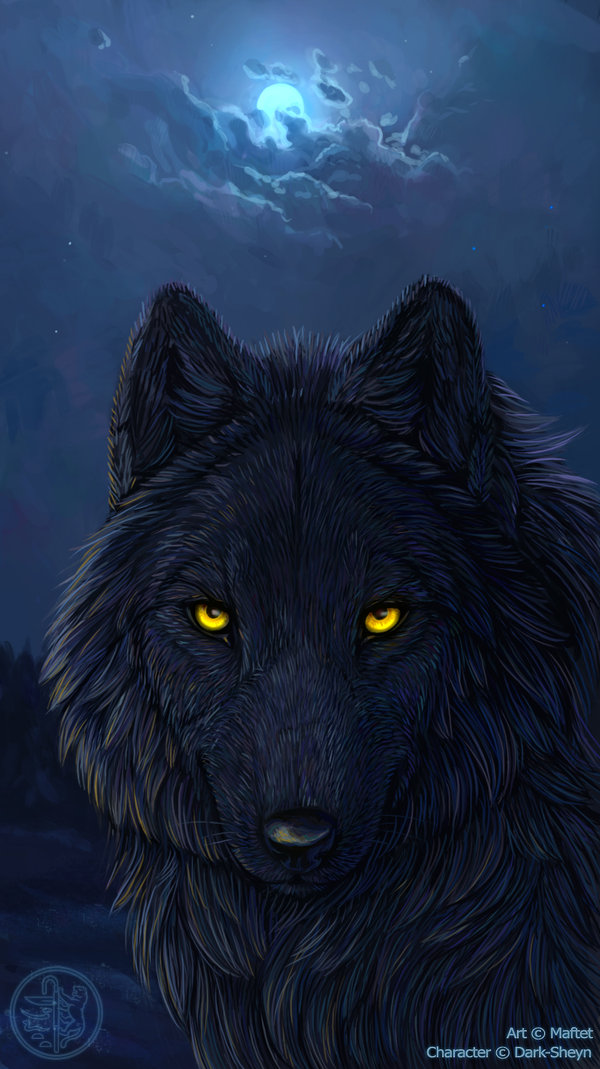 anthro black canine cloud clouds digitigrade dim feral fur gold mammal maria_zolotukhina melanism moon night painting pigment sky solo stare stars wolf yellow_eyes