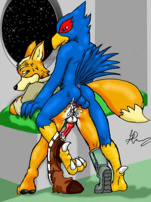 anal anal_penetration anus balls beak blue canine claws cum doggy_position falco_lombardi fox fox_mccloud from_behind gay knot male orange penetration penis red_penis star_fox tail unknown_artist video_games