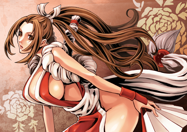 bare_shoulders breasts brown_eyes brown_hair chounorin cleavage fan fatal_fury fingerless_gloves folding_fan gloves japanese_clothes large_breasts long_hair pelvic_curtain ponytail shiranui_mai side_slit sideboob solo the_king_of_fighters