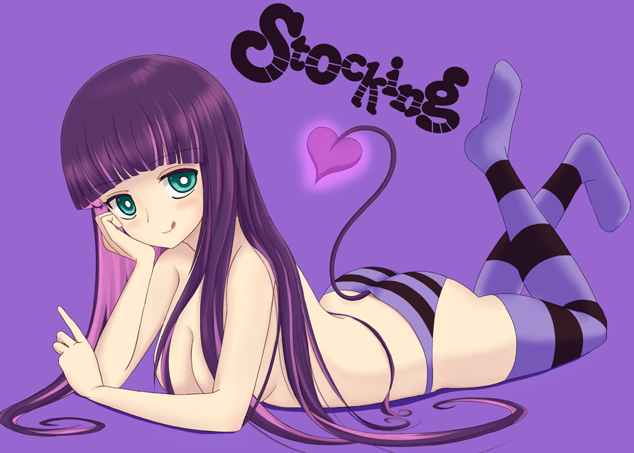blush breasts cleavage english female full_body green_eyes large_breasts long_hair looking_at_viewer lying multicolored_hair panties panty_&amp;_stocking_with_garterbelt pink_hair purple_hair smile solo spoilers stocking_(character) stocking_(psg) striped striped_legwear striped_thighhighs tail thighhighs tongue topless underwear very_long_hair