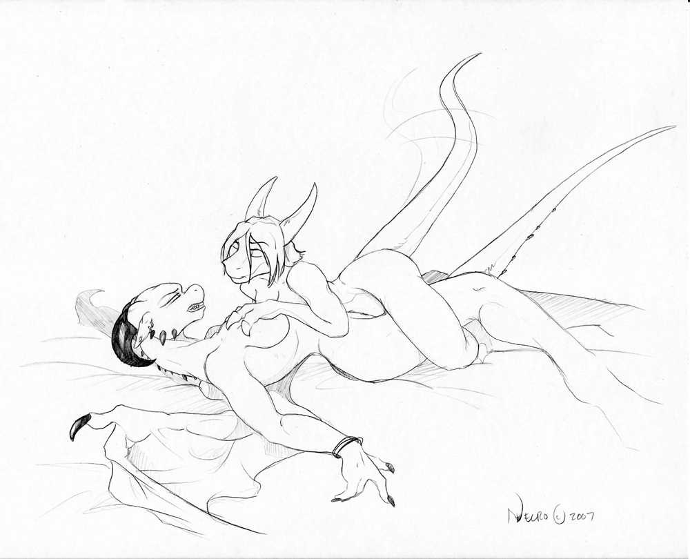 dragon female horns lesbian necrodrone necrodrone_(character) nude pointy_ears scalie sex size_difference wings