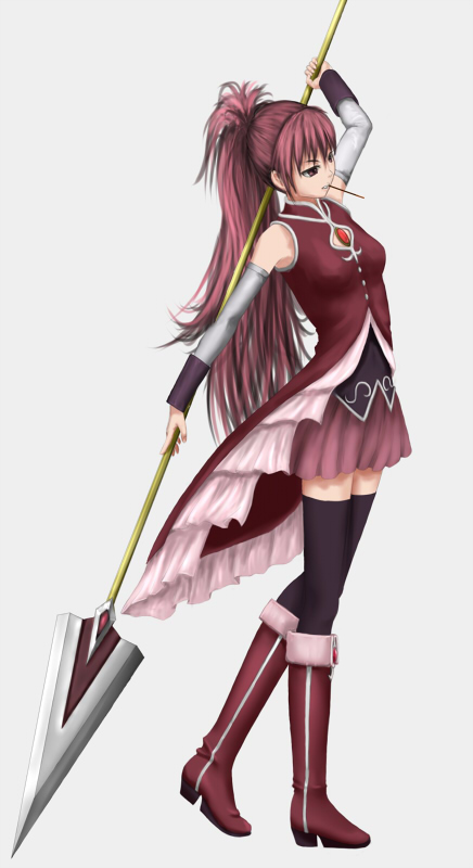 boots bow detached_sleeves eto_ote food hair_bow knee_boots long_hair mahou_shoujo_madoka_magica mouth_hold pocky polearm ponytail red_eyes red_hair sakura_kyouko skirt solo spear thighhighs weapon zettai_ryouiki