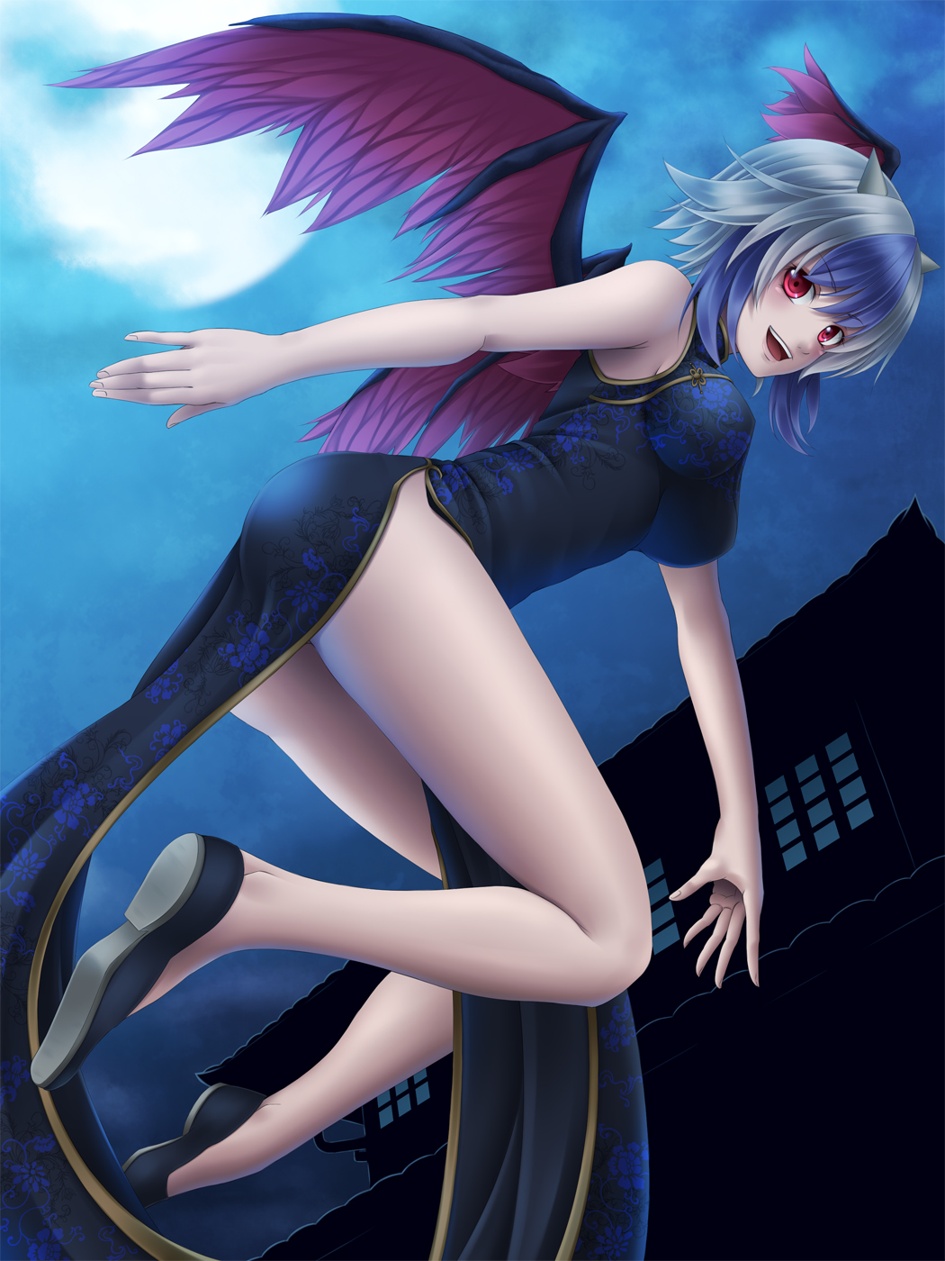 bad_id bad_pixiv_id blue_hair china_dress chinese_clothes dress flying full_moon head_wings highres horns impossible_clothes impossible_shirt mochi.f moon multicolored_hair night no_socks red_eyes red_wings shirt short_hair side_slit silver_hair single_head_wing solo tokiko_(touhou) touhou two-tone_hair wings
