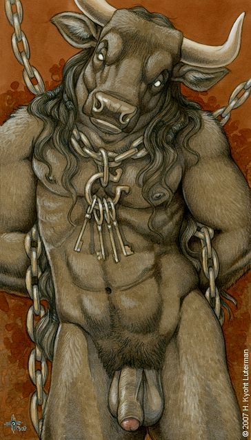 balls bdsm bovine chain flaccid horn horns key keys kyoht_luterman looking_at_viewer male mammal minotaur nude penis slave solo uncut