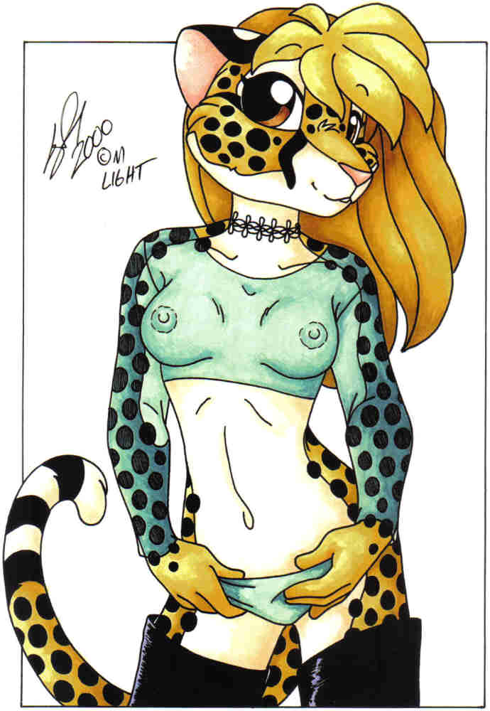 breasts cheetah feline female looking_at_viewer michele_light skimpy solo standing translucent