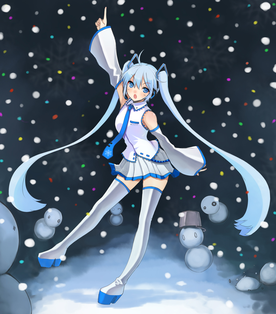 bad_id bad_pixiv_id bare_shoulders blue_eyes blue_hair detached_sleeves hareno_chiame hatsune_miku long_hair necktie open_mouth pointing skirt solo thighhighs twintails very_long_hair vocaloid yuki_miku zettai_ryouiki