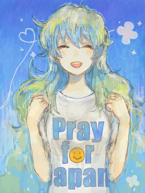 2011_sendai_earthquake_and_tsunami closed_eyes clothes_writing cloud_hair happy kuromu_(kaeru) long_hair nia_teppelin shirt smile smiley_face solo t-shirt tegaki tengen_toppa_gurren_lagann