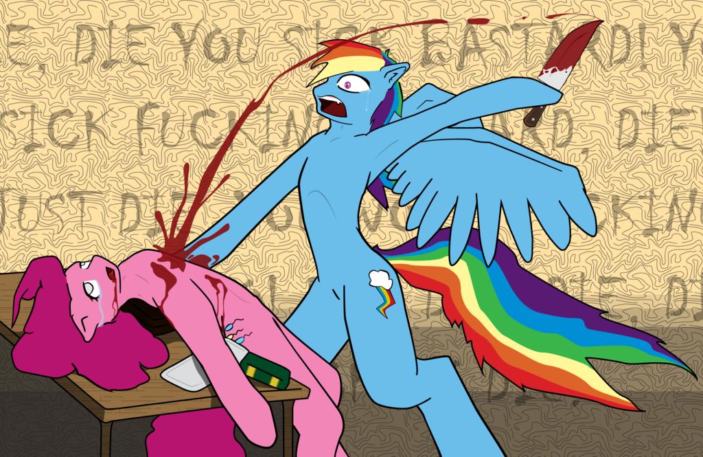 book crying cutie_mark dead dead_eyes death duo english_text equine female friendship_is_magic fur grey_eyes hair horse kill knife mammal multi-colored_hair my_little_pony open_mouth pegasus pink_eyes pink_fur pink_hair pinkie_pie_(mlp) pony rage rainbow_dash_(mlp) rainbow_hair rainbow_tail red_eyes rocket_to_insanity_(mlp_fanfic) stab table tears text unknown_artist weapon wings