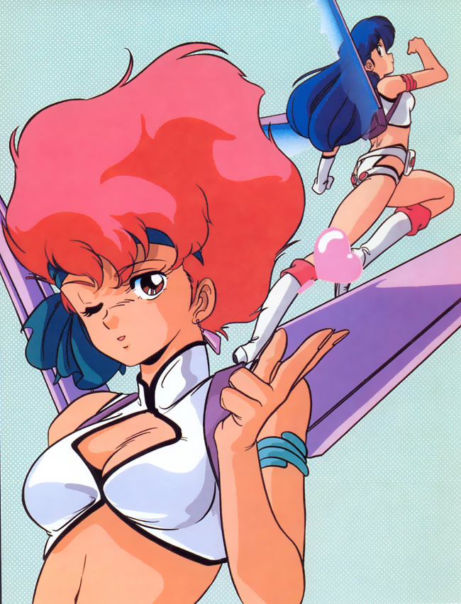 80s armlet artist_request blue_hair boots dirty_pair earrings headband heart jewelry kei_(dirty_pair) long_hair multiple_girls official_art oldschool one_eye_closed red_eyes red_hair short_hair tan wings yuri_(dirty_pair)