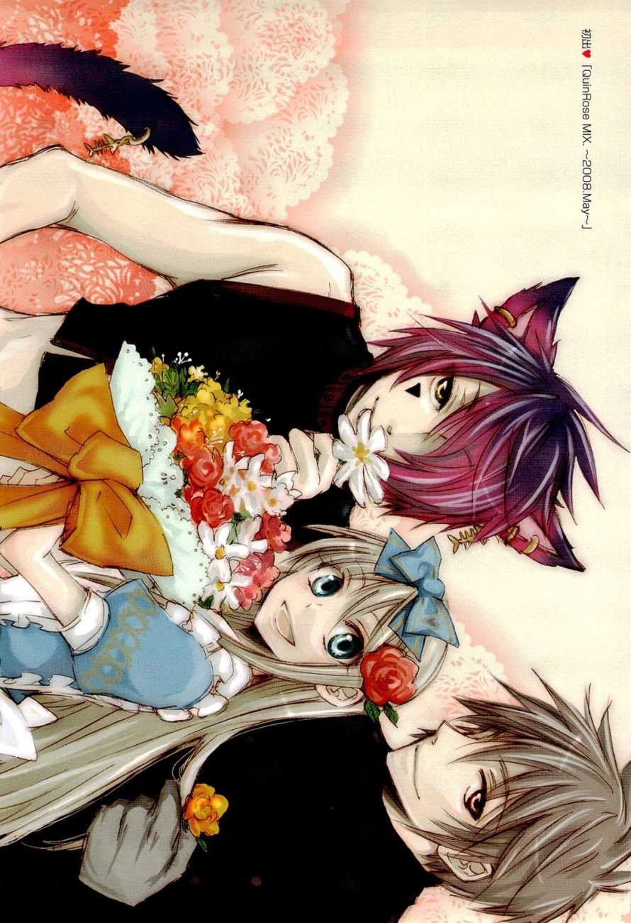2boys ace_(kuni_no_alice) alice_liddell animal_ears apron aqua_eyes artist_request bare_shoulders blue_dress boris_airay bouquet bow brown_hair cat_ears cat_tail crop_top dress ear_piercing earrings facial_mark fish_bone flower gloves hair_bow hair_flower hair_ornament heart_no_kuni_no_alice highres holding jewelry long_hair multiple_boys muscle piercing pink_hair red_eyes red_flower red_rose rose scan short_hair sideways smile tail tail_piercing turtleneck yellow_eyes
