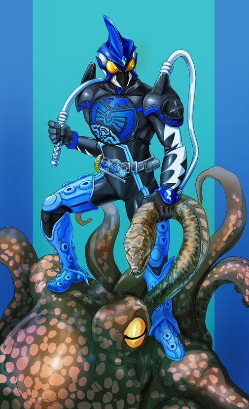 blue eel huujyu kamen_rider kamen_rider_ooo kamen_rider_ooo_(series) male_focus octopus shauta_(ooo_combo) solo tentacles