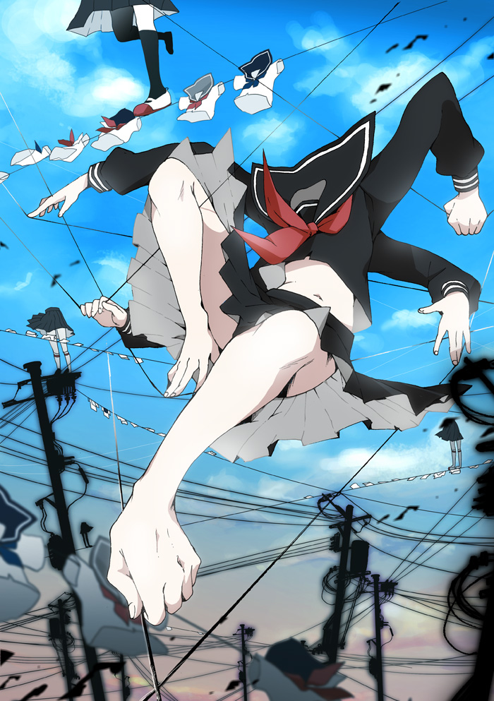 bad_pixiv_id blue_sky blurry cable clothesline day depth_of_field extra_arms foreshortening hands headless hgr_(higure) laundry mahou_shoujo_madoka_magica mathieu_(madoka_magica) midriff multiple_hands neckerchief no_humans on_top_of_pole patricia_(madoka_magica) pole power_lines prehensile_toes school_uniform serafuku sky solo_focus telephone_pole thighhighs transformer witch's_labyrinth witch_(madoka_magica)