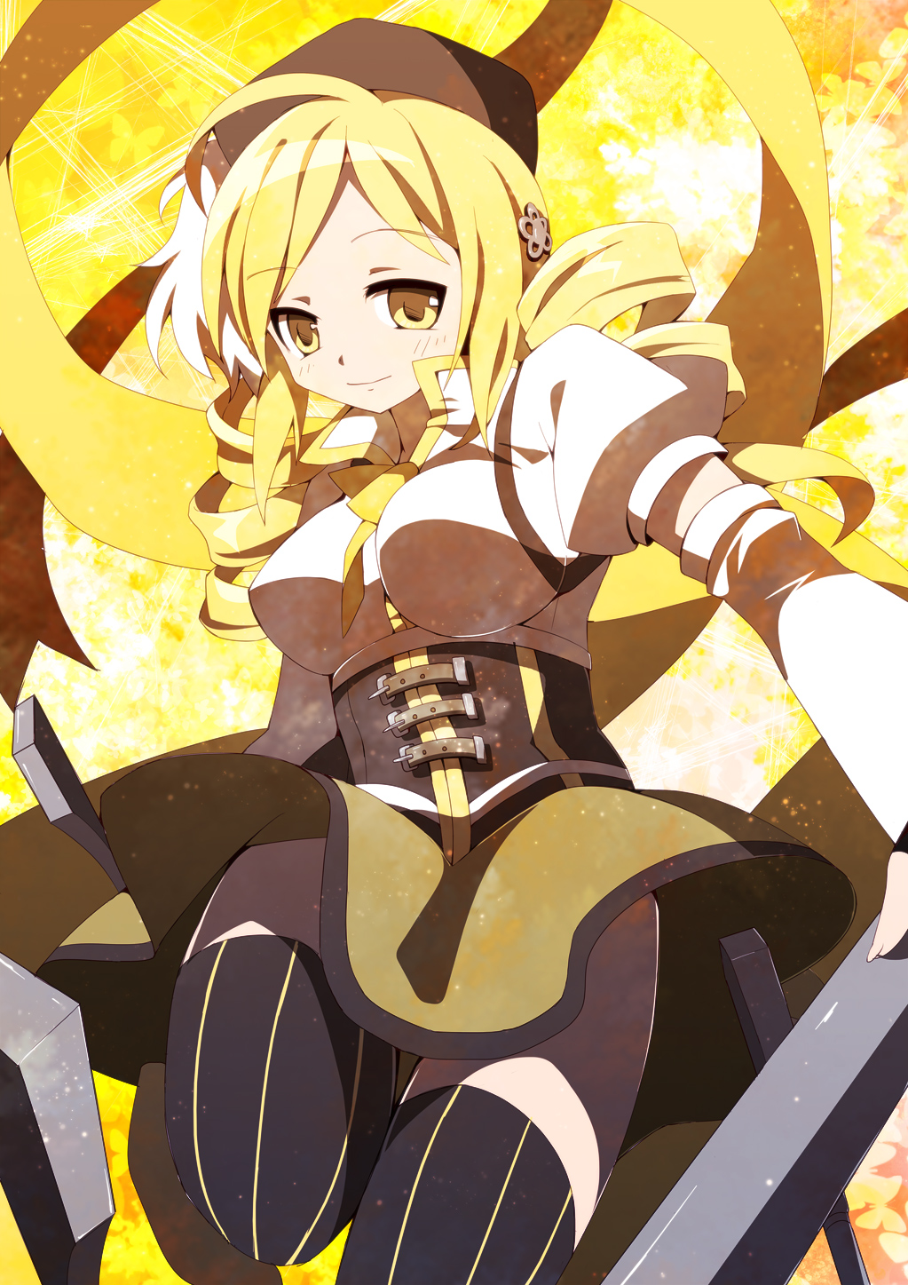 beret blonde_hair breasts detached_sleeves drill_hair hair_ornament hat highres large_breasts magical_girl mahou_shoujo_madoka_magica pleated_skirt puffy_sleeves ringpearl skirt smile solo thighhighs tomoe_mami
