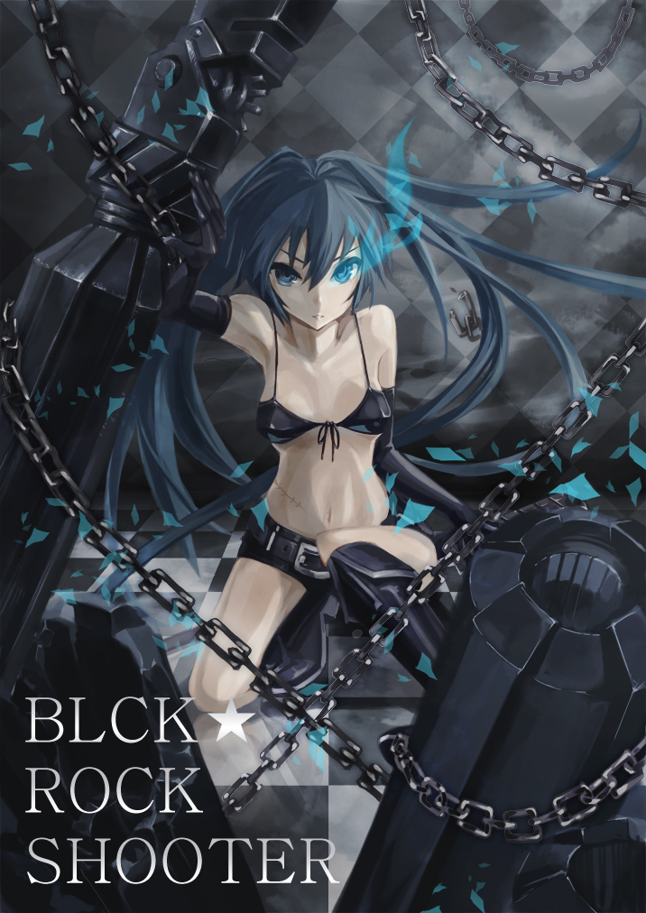 arm_cannon bikini_top black_hair black_rock_shooter black_rock_shooter_(character) blue_eyes boots burning_eye chain elbow_gloves gloves huge_weapon long_hair midriff navel scar shorts solo twintails weapon yato