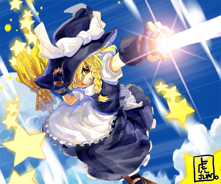 bad_id bad_pixiv_id beam blonde_hair blue_sky braid broom brown_eyes day fingerless_gloves flying gloves grin hair_over_one_eye hand_on_headwear hand_up hat holding kirisame_marisa mini-hakkero outstretched_arm sky smile solo star tora_jun touhou witch_hat