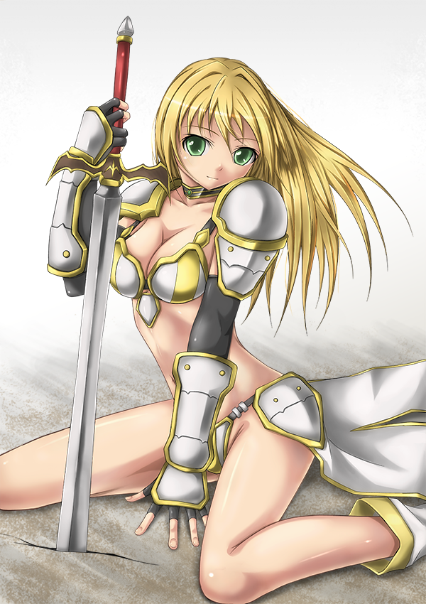 armor bikini_armor blonde_hair boots breasts cape cleavage fingerless_gloves gauntlets gloves green_eyes legs long_hair medium_breasts original pauldrons r-gray_(ash-to_ash) solo sword thighs weapon