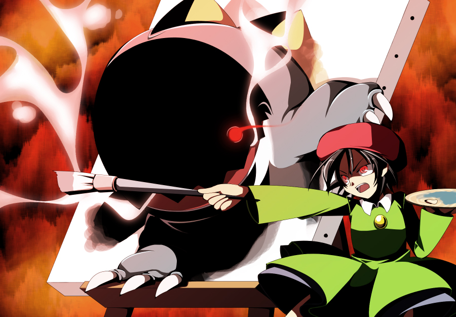 adeleine art_brush attack bad_id bad_pixiv_id black_hair canvas_(object) dark_matter easel glowing glowing_eyes ice_dragon_(kirby) kirby_(series) kirby_64 materializing paintbrush painting palette possessed red_eyes salt1224 shaded_face