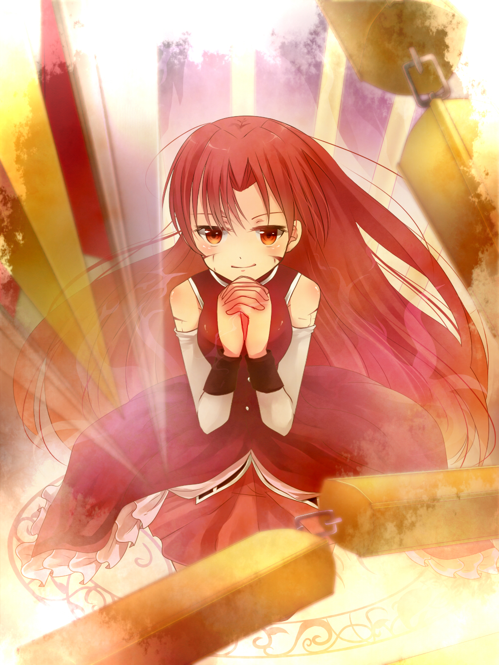 alternate_hairstyle bad_id bad_pixiv_id bare_shoulders blurry cuts depth_of_field detached_sleeves hands_clasped highres injury long_hair magical_girl mahou_shoujo_madoka_magica mayu_(mxy) own_hands_together polearm praying red_eyes red_hair sakura_kyouko smile solo spear weapon