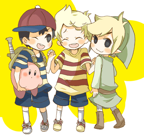 artist_request backpack bag baseball_bat black_hair blonde_hair hat kirby kirby_(series) link lowres lucas male_focus mother_(game) mother_2 mother_3 multiple_boys ness one_eye_closed pointy_ears quiff smile super_smash_bros. the_legend_of_zelda the_legend_of_zelda:_the_wind_waker toon_link